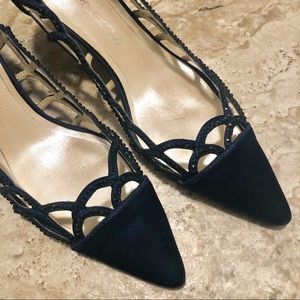 Beautiful Navy Satin Pointy Pumps